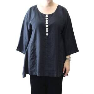 NEW MOSAIC scoop neck button linen top in black